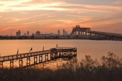 Sunset on The St. John''s River looking towards stadium and Jacksonville skyline