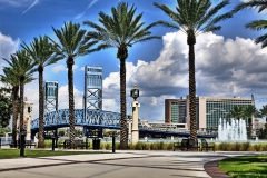 Palm trees and Main Street Bridge, Jacksonville Florida, Frienship Park